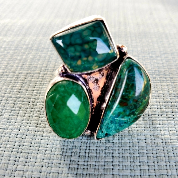 New Chrysocolla, Dragon Veins Agate, Emerald 925 Silver Ring. - Picture 16 of 16